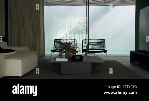 Picture of Elegant modern living room featuring minimalist furniture, large ...
