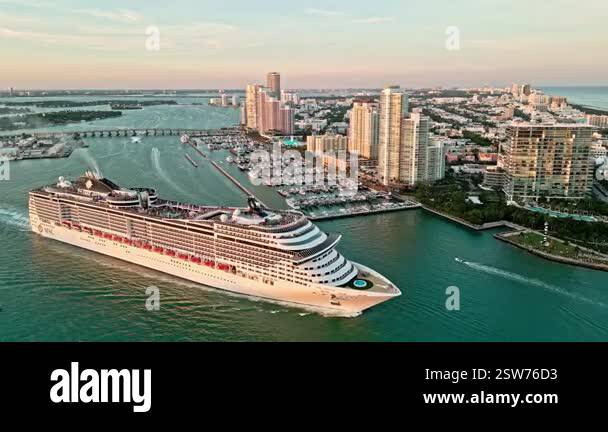 January 3 2025 Miami Beach, Florida Aerial view Cruise ship MSC