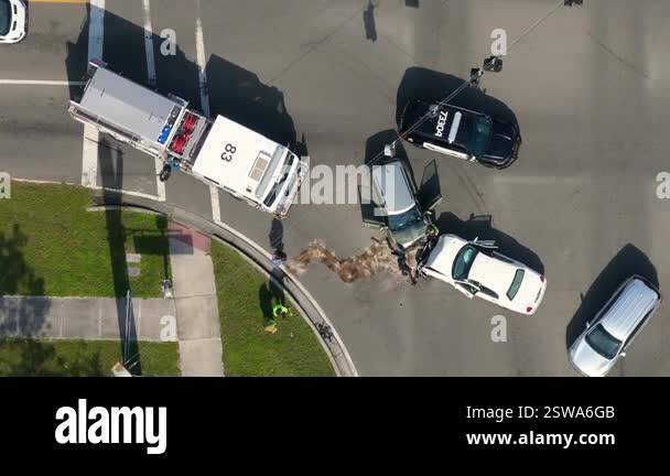Traffic accident on American street in Florida. First responders ...