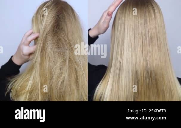 Before and after. Hair straightening in a beauty salon, using ...