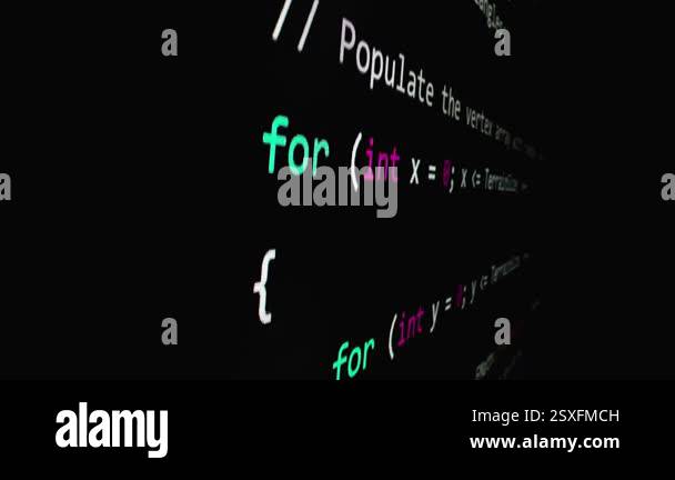 Closeup macro shot movement of coding script moving across LED screen ...