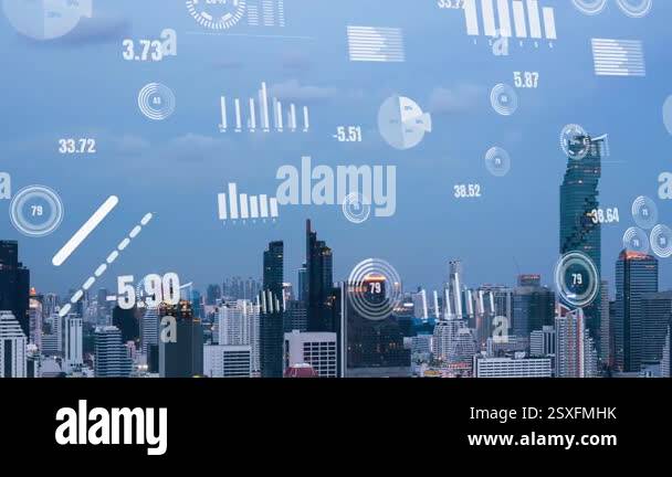 Business data analytic interface fly over smart city showing alteration ...