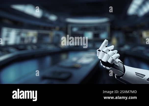 A futuristic robotic arm interacts with cloud technology symbols ...