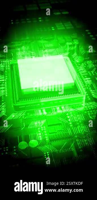 Computer processor in green color palette - 3D 4k vertical animation ...