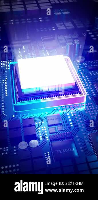 Computer processor and light rays - 3D 4k vertical animation (2160x3840 ...
