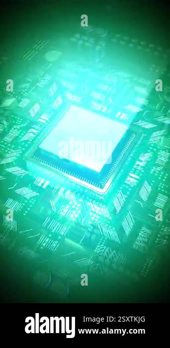 Computer processor in green color palette - 3D 4k vertical animation ...