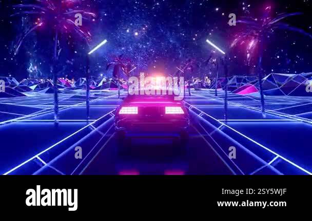 Car and city in neon cyberpunk style. 80s retro wave background 3d ...