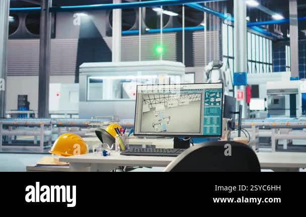 Computer Panel Plant PC screen on desk in photovoltaics factory used to update software of ...