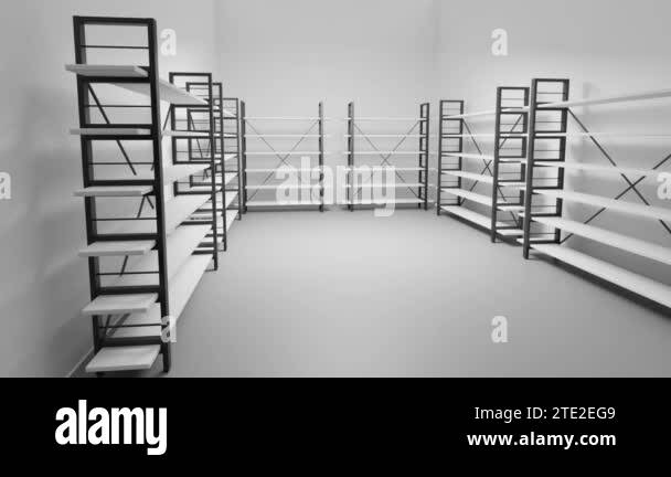 Cold room in warehouse with empty racks, white shelves on metal base ...