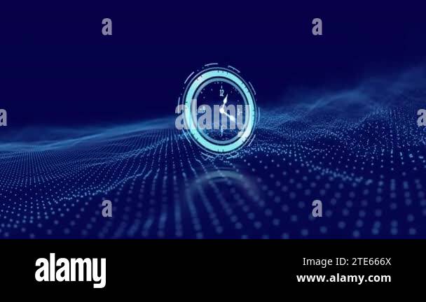 Animation of clock and wave on dark blue background. time passing ...