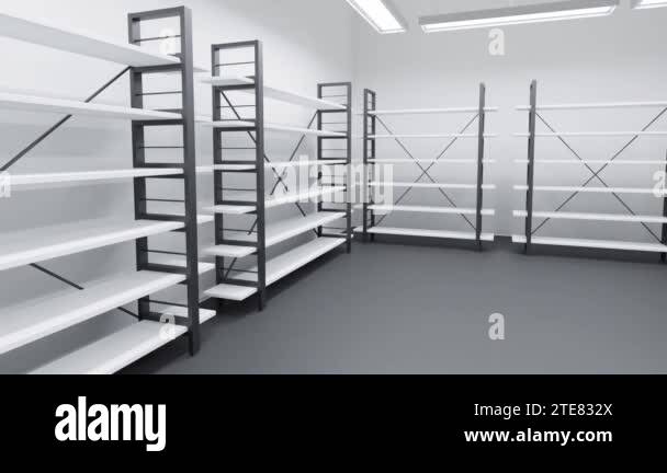 Cold room in warehouse with empty racks, white shelves on metal base ...