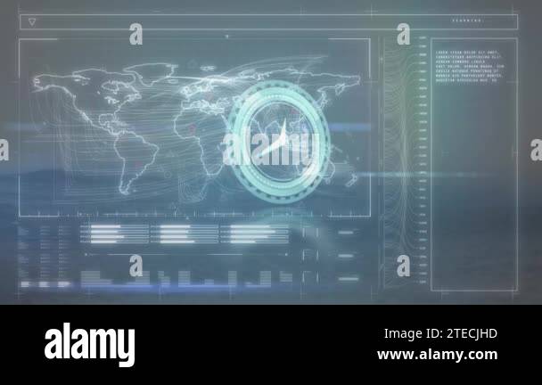 Animation of moving clock and data processing with world map over sea ...