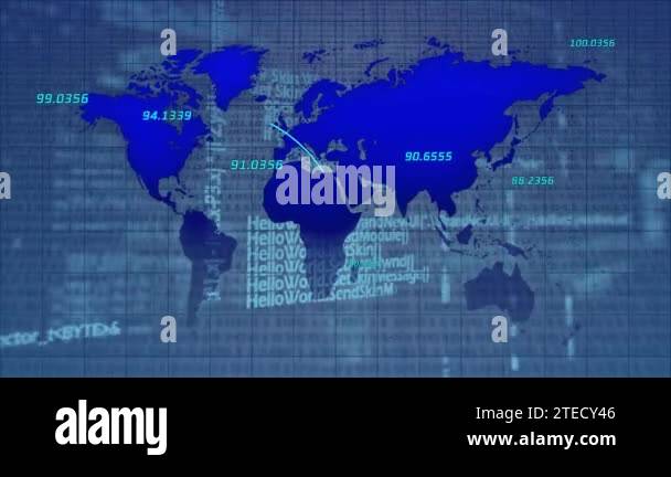 Animation of digital interface and world map over blue background ...