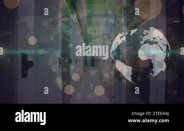 Animation of light spots and world map with world map over server room ...