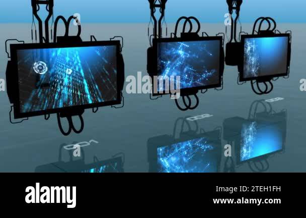 Three digital monitors turning slowly and displaying three abstract ...