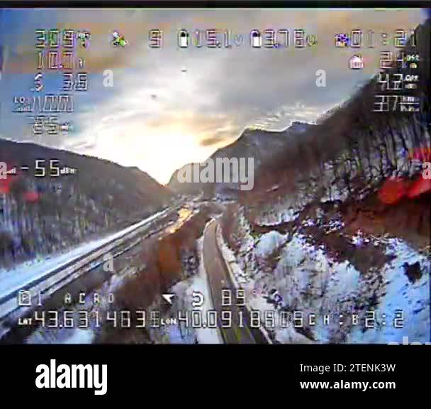 Digital crash effect on the camera from a drone with a view of green ...