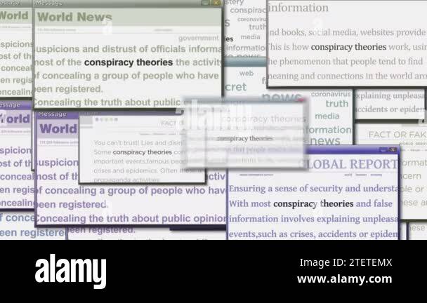 Pop up windows with Conspiracy theories, hoax theory and fake news on