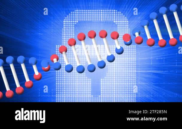 Animation of light beam moving over 3d dna rotating, lock icon on blue ...