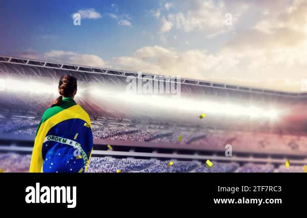 Animation of confetti floating over back of woman with brazilian flag ...