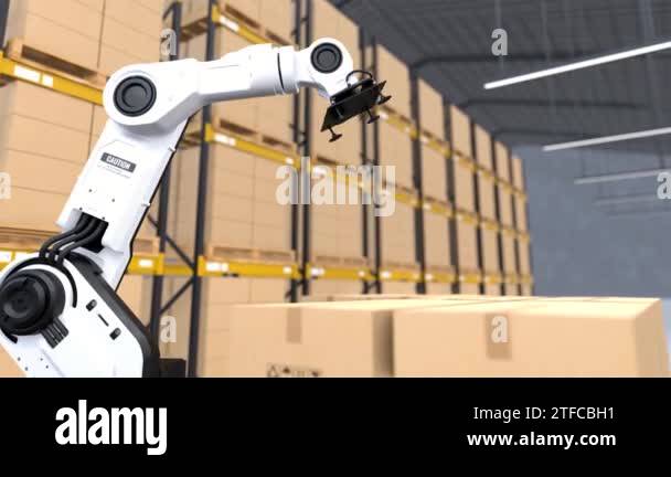 Robot arm picking up the cardboard box in the warehouse, Automation ...