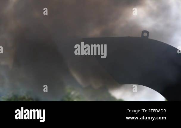 Black smoke from ferry boat flue in background, close up, Thailand ...