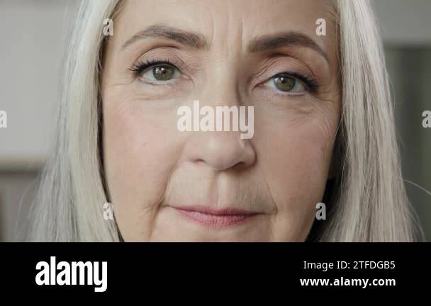 Close Up Female Portrait Old Lady Blonde Grey Haired Mature Woman Wise