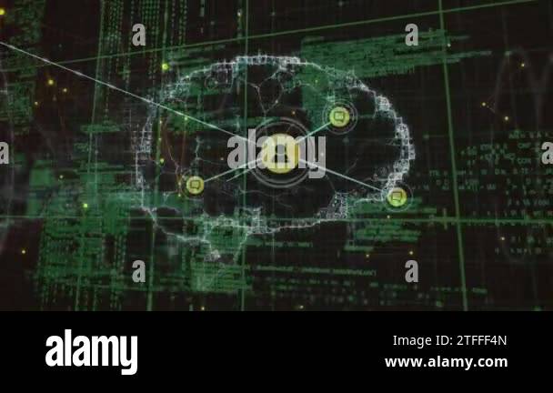 Animation of digital brain and icons connecting with lines over ...