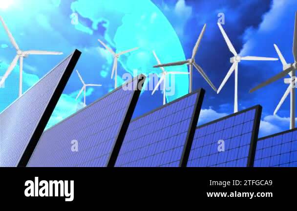 Power generation by wind turbines and solar panels Loop Animation ...