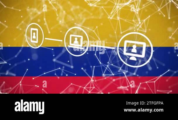 Animation of icons and network of connections over flag of colombia ...