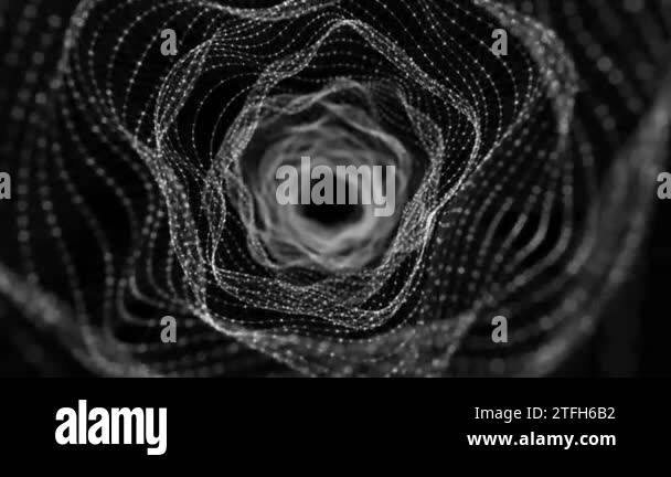 Abstract dynamic wireframe tunnel on black background. Deep wavy ...