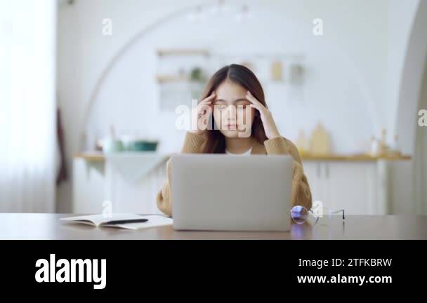 Office syndrome concept. Overworked tired young asian woman feeling ...