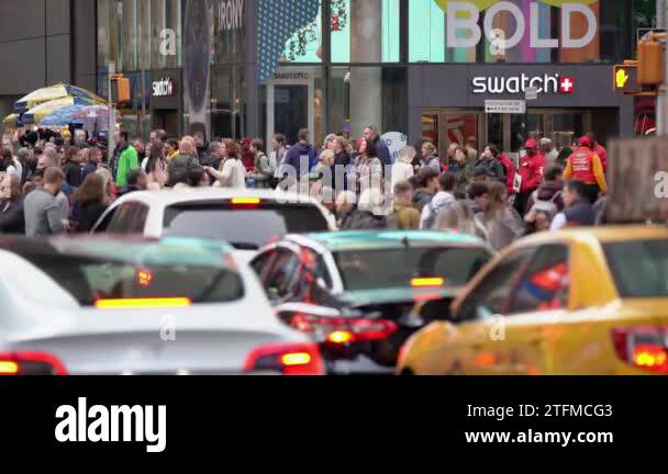 Times Square Congested Manhattan, New York,USA - October 26. 2019: Busy Times Square, People ...