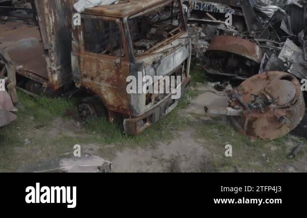 Destroyed Technical Destroyed military convoy. Burnt combat vehicles. Rusty tech ...