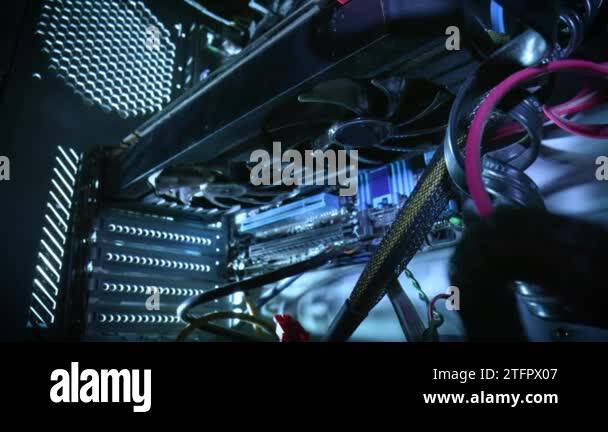 View from inside of old computer system unit. Camera movement zooms in ...