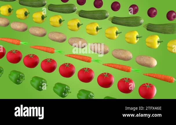 Beautiful animated fresh vegetables in rows on a green background with