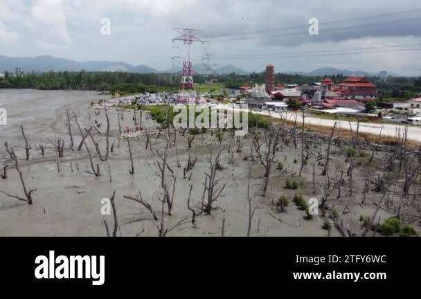 Sitiawan, Perak, Malaysia - May 01 2022: Aerial move over dry mangrove ...