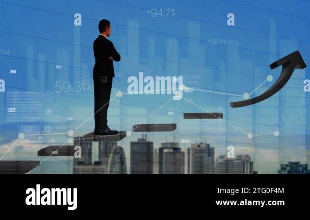 Business man climbing up stair steps to career success with business ...