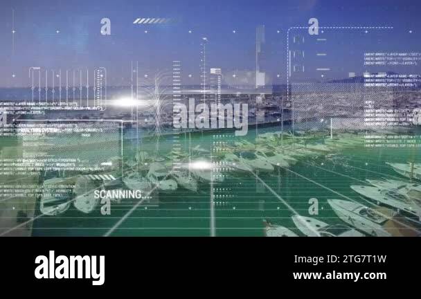 Animation of statistic and data processing over marina landscape ...