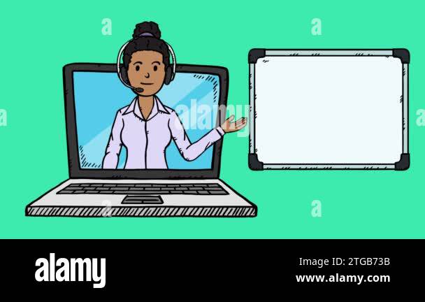 2D animation of woman with headset and flip chart showing on laptop ...