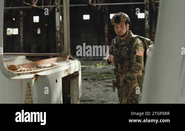 Portrait of american soldier taking part in military operation inside ...