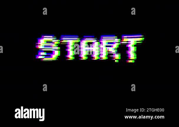 Start. 8-bit pixel text animation with dynamic glitch distortion effect ...