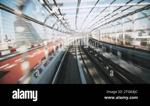 (Part 1 of 6) Point of view Yurikamome line automated train moving ...