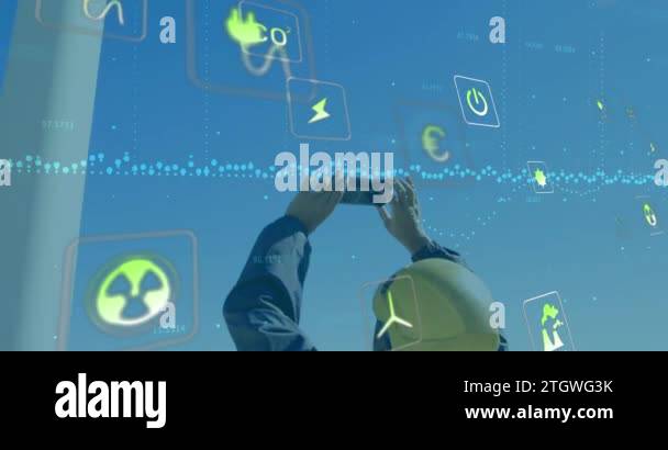 Animation of falling eco icons over windmill. Ev charging station for ...