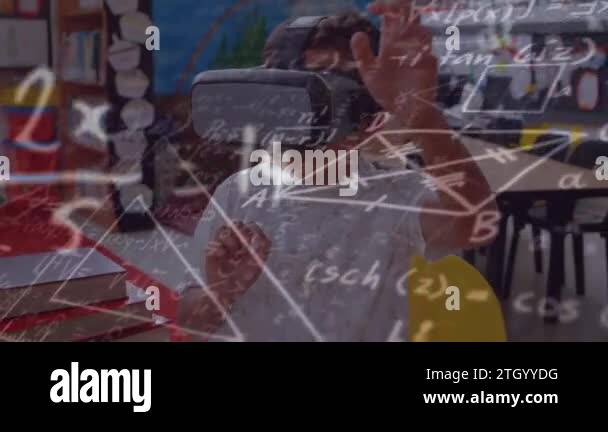 Animation of math formulas over biracial boy in vr headset in classroom ...