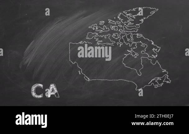 Map of Canada with name and flag inside drawn in chalk on a blackboard ...