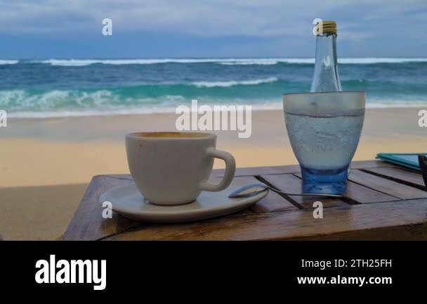 Chilling on Tropical Beach in Front of Sea Waves, Cup of Coffee ...