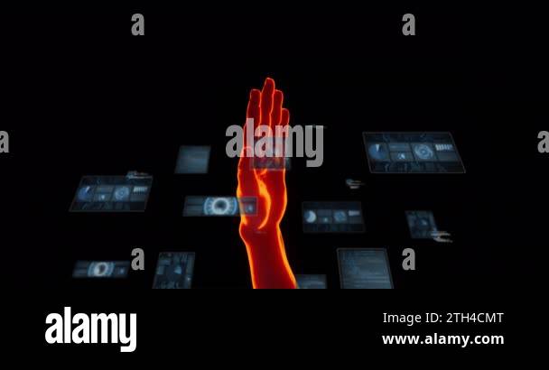 Animation of red hand, scopes scanning and data processing over screens ...