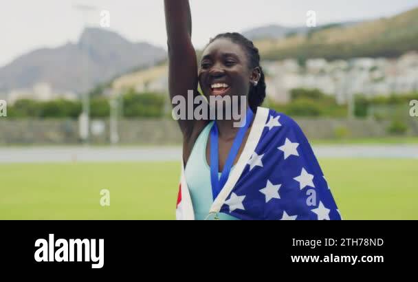 Proud and patriotic athlete becoming a champion. Olympic gold medalist ...