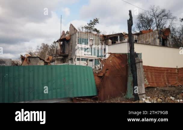 destroyed building, Ukraine bombing, ruins of house. In aftermath of ...
