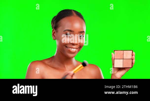 Makeup, face and black woman with blush in a studio for a natural ...